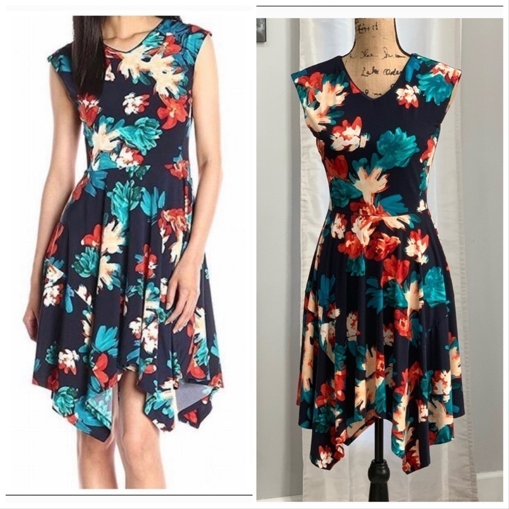 Ellen Tracy Navy Floral Handkerchief Hem Fit & Flare Dress Size S